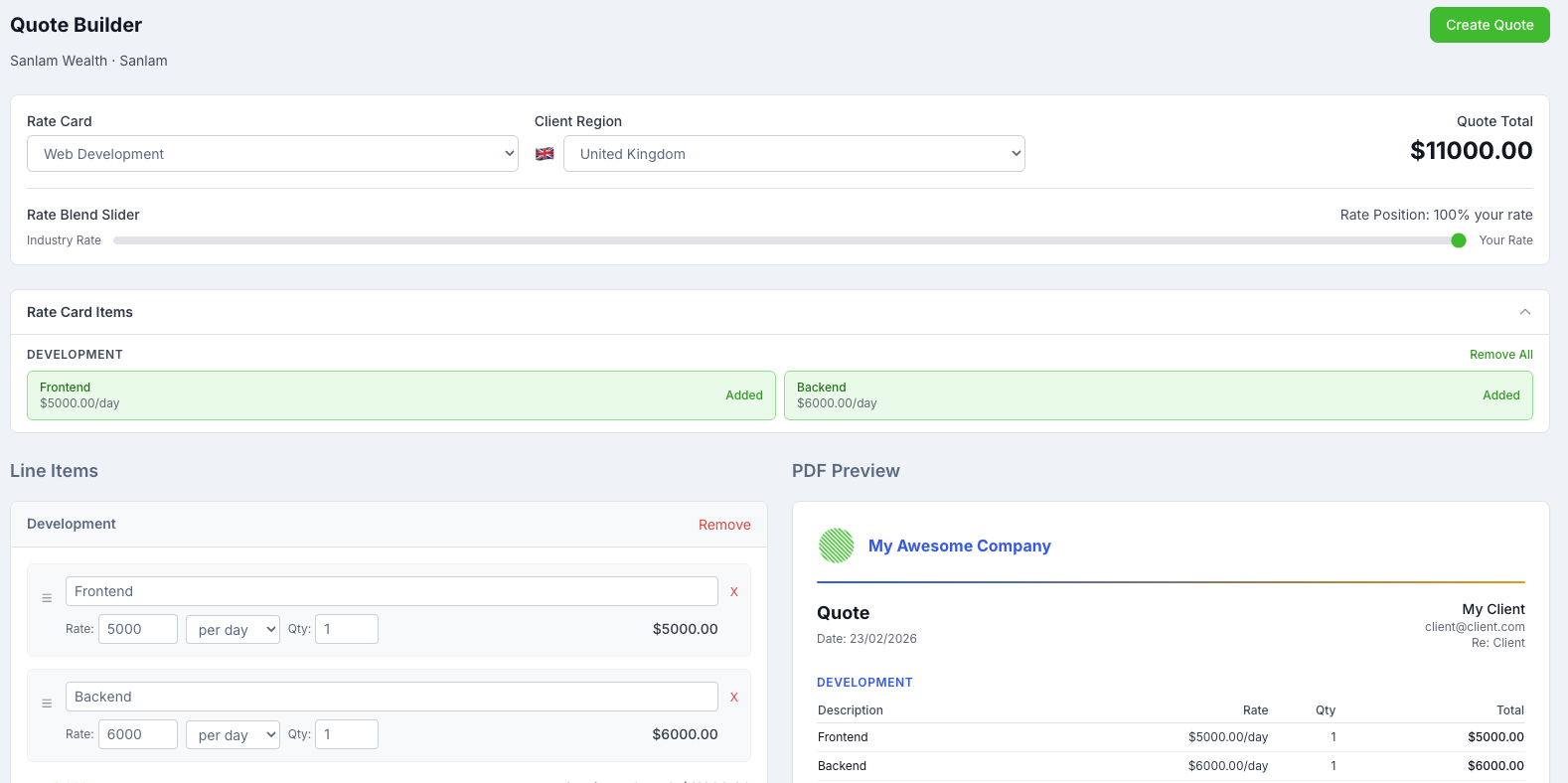 Greenlight quote builder with rate blend slider, line items, and PDF preview