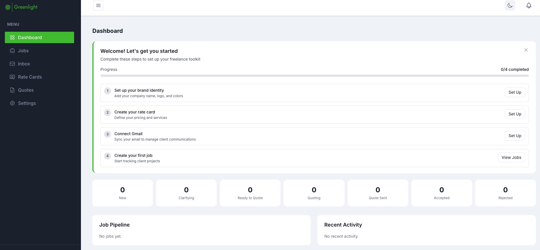 Greenlight dashboard showing onboarding wizard, job pipeline, and activity feed